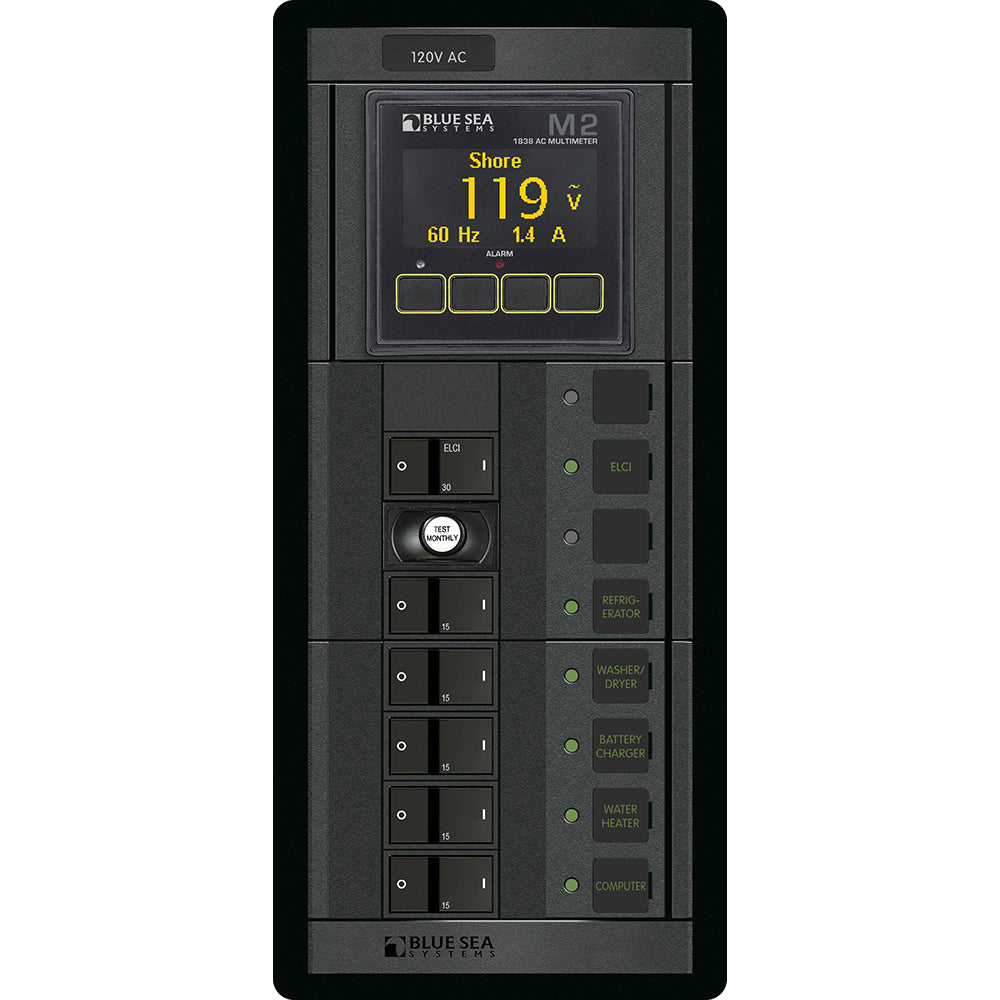 Blue Sea 1504 - 360 Panel - ELCI + 5 Position 120V AC Flat Rocker w/M2 AC Multimeter - Boat Gear USA