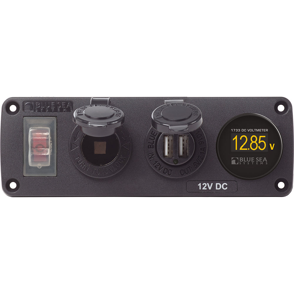 Blue Sea 4366 Water Resistant USB Accessory Panel - Circuit Breaker, 12V Socket, Dual USB Charger, Mini Voltmeter - Boat Gear USA