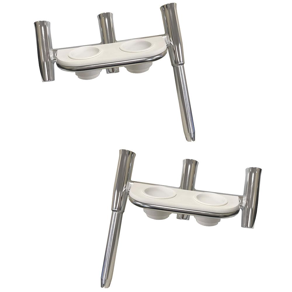 Tigress Offset Triple Rod Holder w/Cup Holders - Port Side & Starboard Side - Polished Aluminum - Boat Gear USA