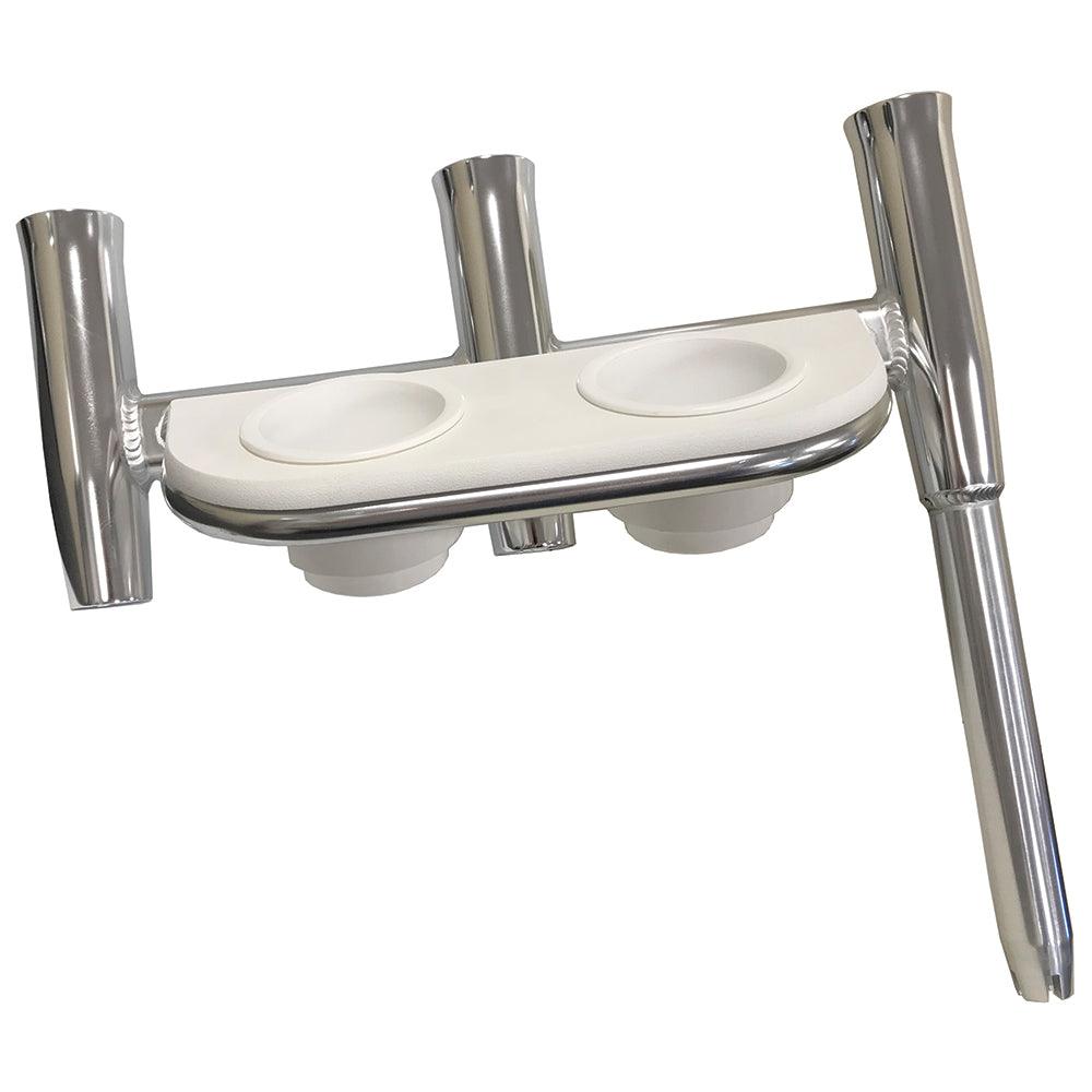 Tigress Offset Triple Rod Holder w/Cup Holders - Port Side - Polished Aluminum - Boat Gear USA