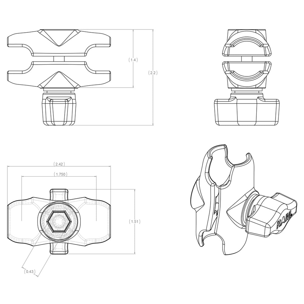 RAM Mount Short Double Socket Arm f/1" Ball Bases