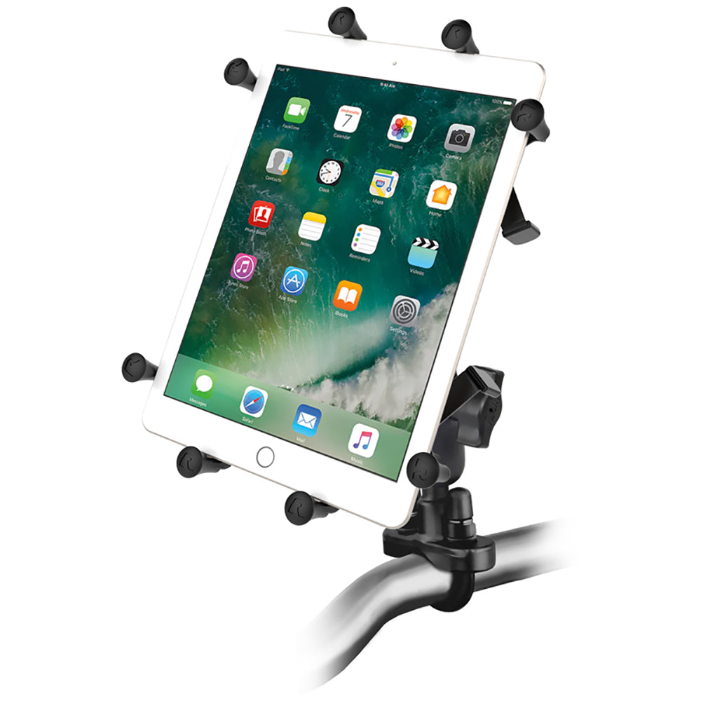 RAM Mount Handlebar Rail Mount w/Zinc Coated U-Bolt Base & Universal X-Grip Cradle for 10" Large Tablets
