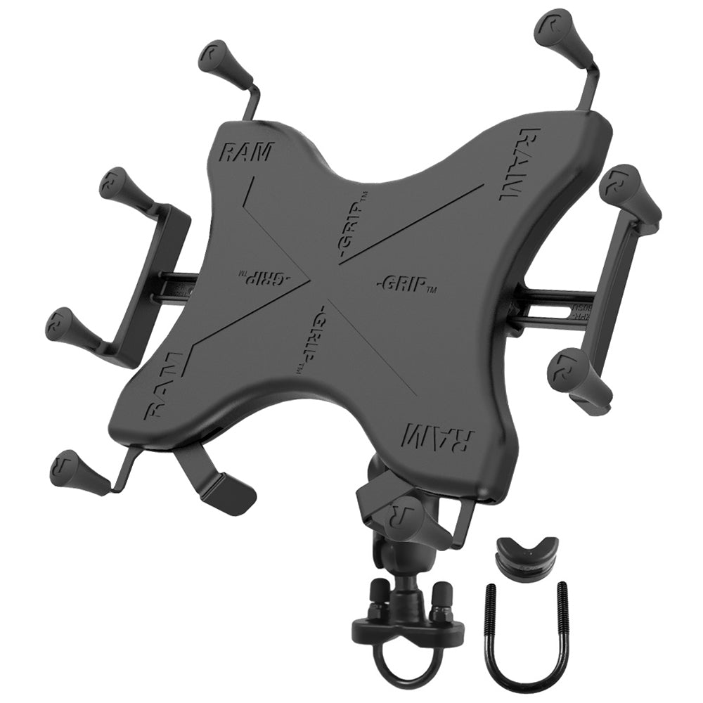 RAM Mount Handlebar Rail Mount w/Zinc Coated U-Bolt Base & Universal X-Grip Cradle for 10" Large Tablets