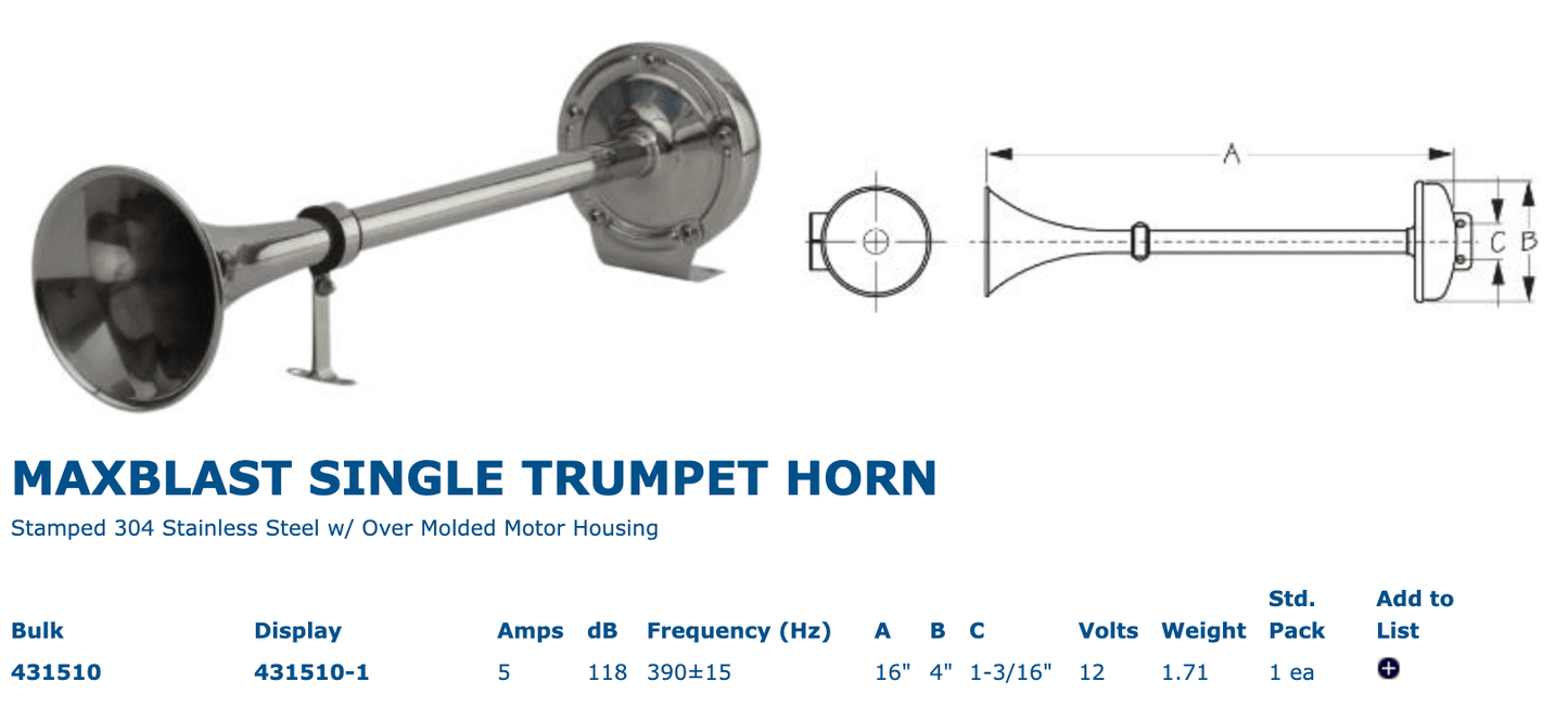 Sea-Dog MaxBlast Stainless Steel Trumpet 12V Horn - Single - Boat Gear USA