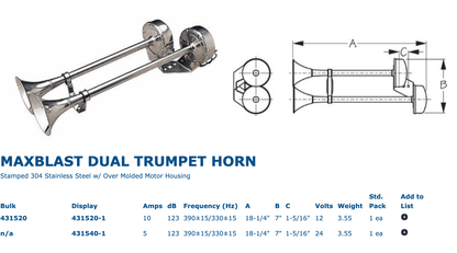 Sea-Dog MaxBlast Stainless Steel Trumpet 12V Horn - Dual - Boat Gear USA