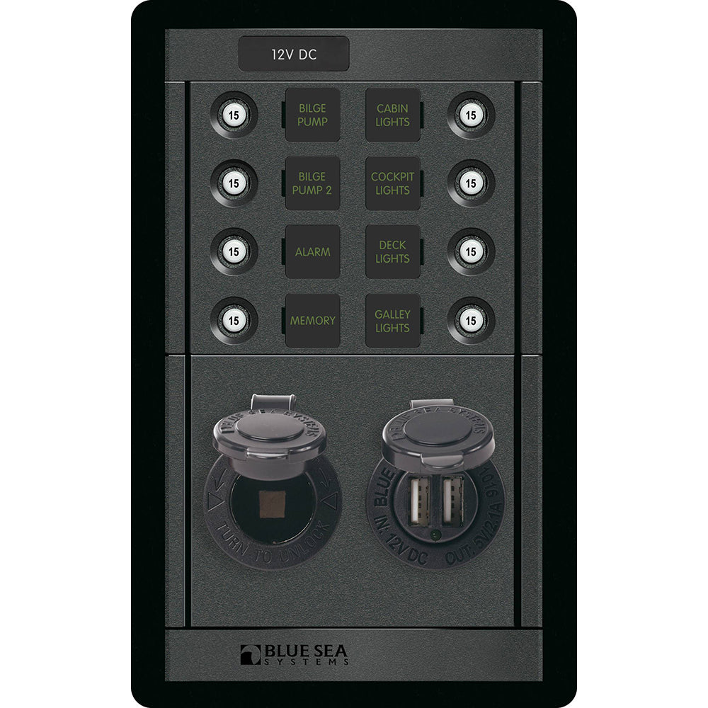 Blue Sea 1498 - 360 Panel - 8 Position 12V Panel w/Dual USB & 12V Socket - Boat Gear USA