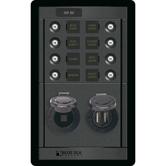 Blue Sea 1498 - 360 Panel - 8 Position 12V Panel w/Dual USB & 12V Socket - Boat Gear USA