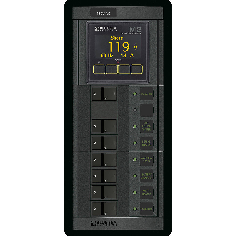 Blue Sea 1505 - 360 Panel - Main + 6 Position 120V AC Flat Rocker w/M2 AC Multimeter - Boat Gear USA