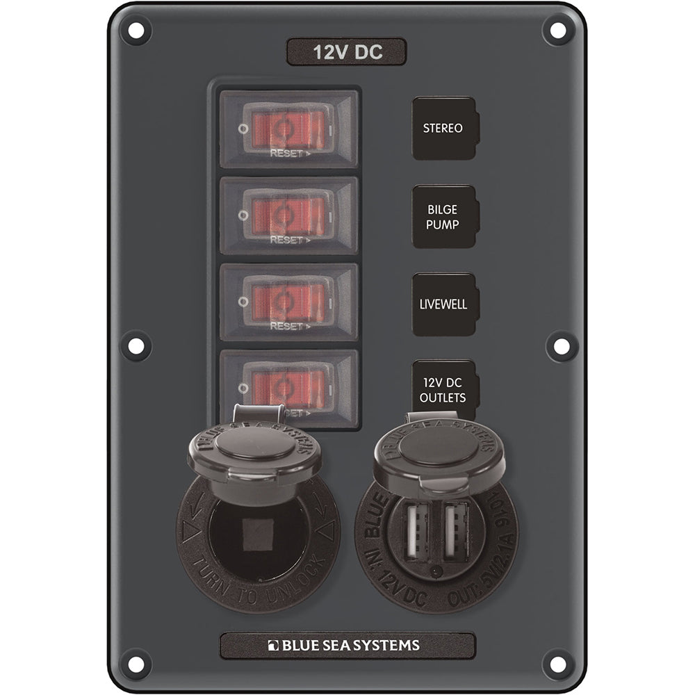 Blue Sea 4321 Circuit Breaker Switch Panel 4 Position - Gray w/12V Socket & Dual USB - Boat Gear USA
