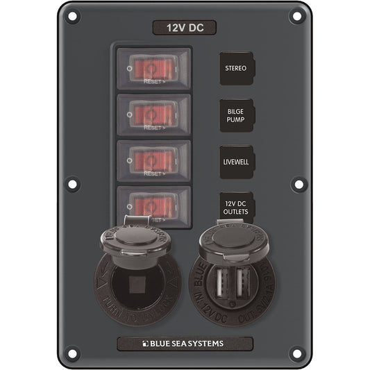 Blue Sea 4321 Circuit Breaker Switch Panel 4 Position - Gray w/12V Socket & Dual USB - Boat Gear USA