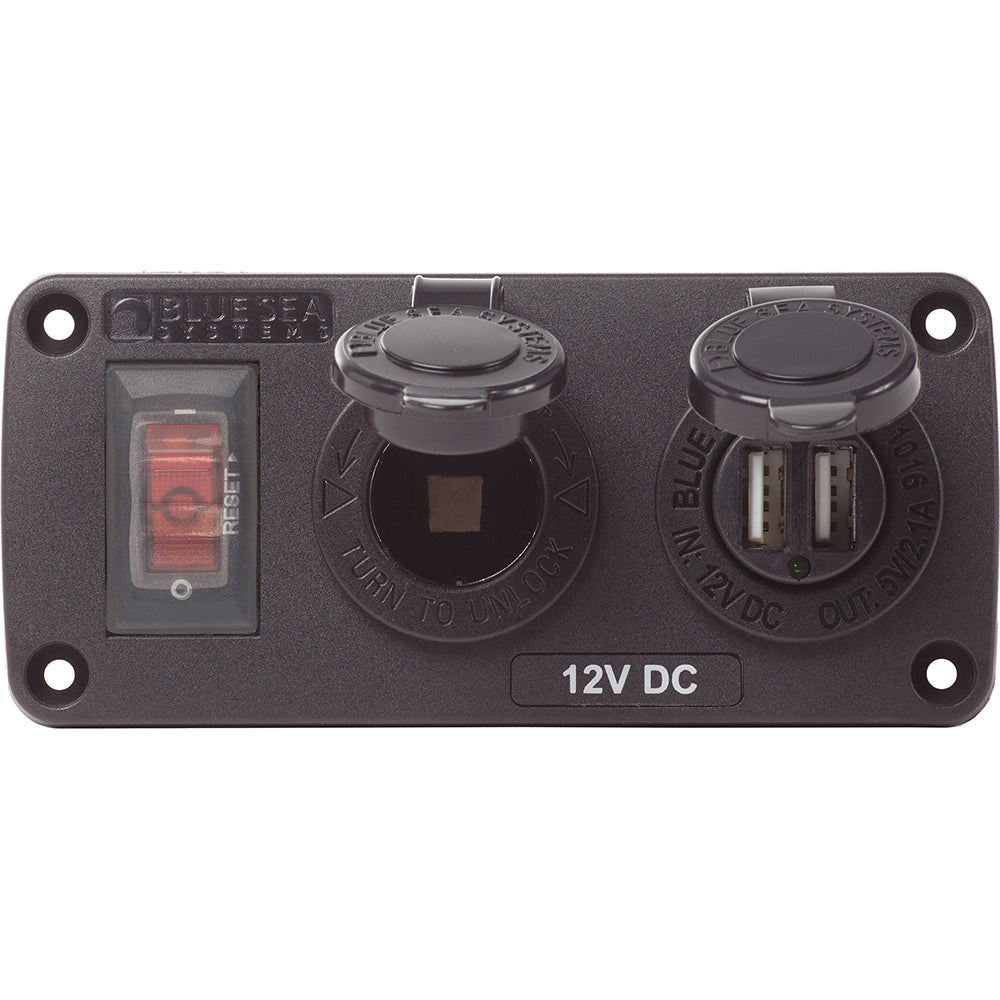 Blue Sea 4363 Water Resistant USB Accessory Panels - 15A Circuit Breaker, 12V Socket, 2.1A Dual USB Charger - Boat Gear USA