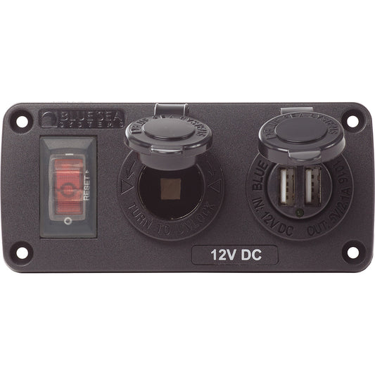 Blue Sea 4363 Water Resistant USB Accessory Panels - 15A Circuit Breaker, 12V Socket, 2.1A Dual USB Charger - Boat Gear USA