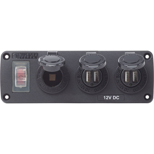 Blue Sea 4365 Water Resistant USB Accessory Panel - 15A Circuit Breaker, 12V Socket, 2x 2.1A Dual USB Chargers - Boat Gear USA