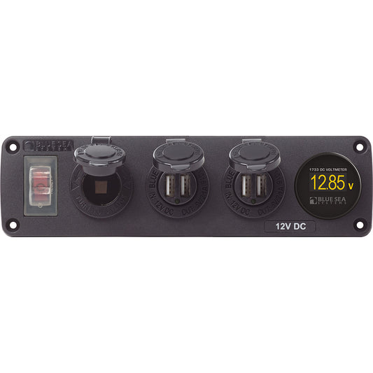 Blue Sea 4368 Water Resistant USB Accessory Panel - 12V Socket, 2x 2.1A Dual USB Chargers, Mini Voltmeter - Boat Gear USA