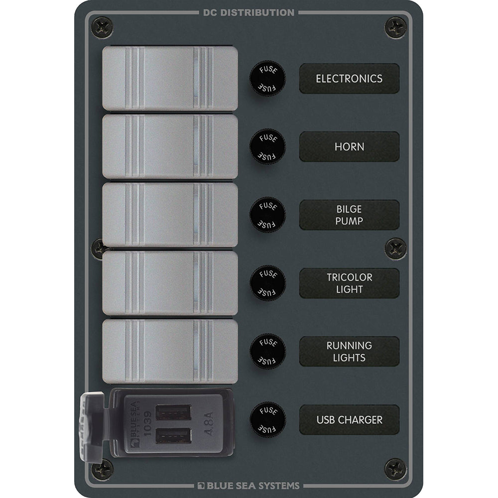 Blue Sea 8121 - 5 Position Contura Switch Panel w/Dual USB Chargers - 12/24V DC - Black - Boat Gear USA