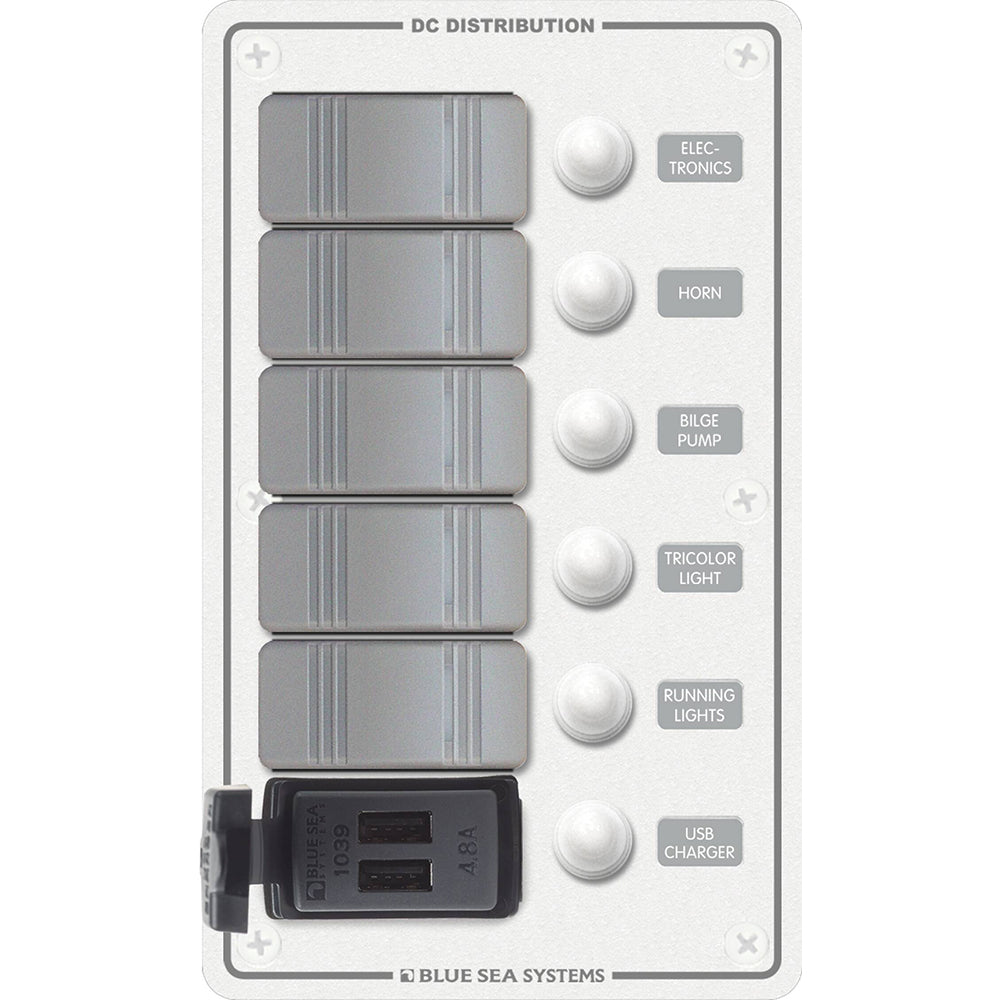 Blue Sea 8421 - 5 Position Contura Switch Panel w/Dual USB Chargers - 12/24V DC - White - Boat Gear USA