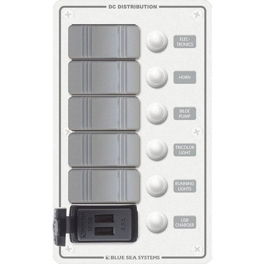 Blue Sea 8421 - 5 Position Contura Switch Panel w/Dual USB Chargers - 12/24V DC - White - Boat Gear USA