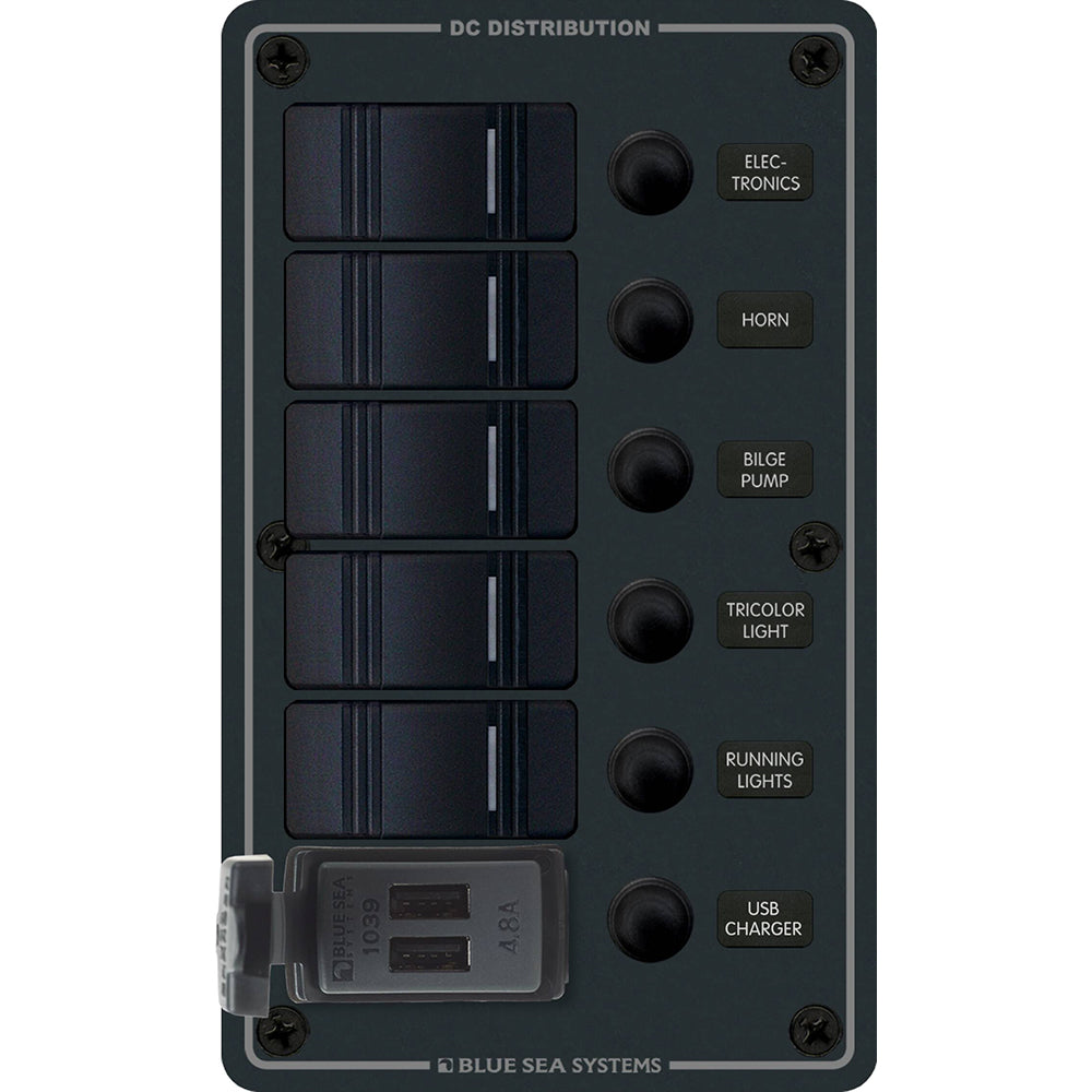 Blue Sea 8521 - 5 Position Contura Switch Panel w/Dual USB Chargers - 12/24V DC - Black - Boat Gear USA