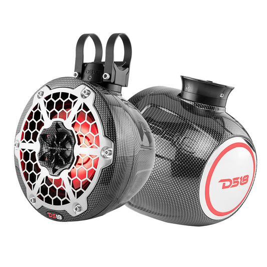 DS18 HYDRO 6.5" Compact Wakeboard Pod Tower Speaker w/RGB LED Lights - 375W - Black Carbon Fiber - Boat Gear USA