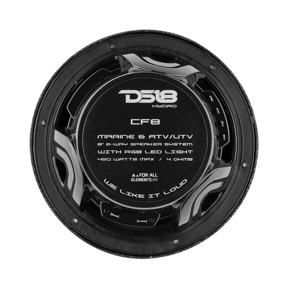 DS18 HYDRO 8" 2-Way Marine Speakers w/RGB LED Lights 450W - Black Carbon Fiber - Boat Gear USA