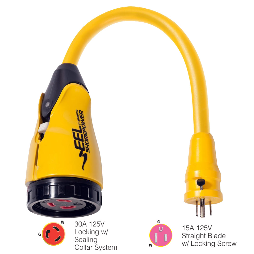 Marinco P15-30 EEL 30A-125V Female to 15A-125V Male Pigtail Adapter - Yellow - Boat Gear USA