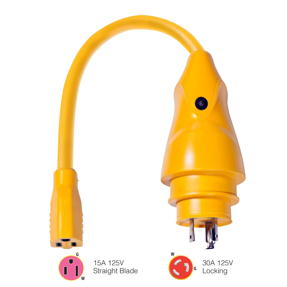 Marinco P30-15 EEL 15A-125V Female to 30A-125V Male Pigtail Adapter - Yellow - Boat Gear USA