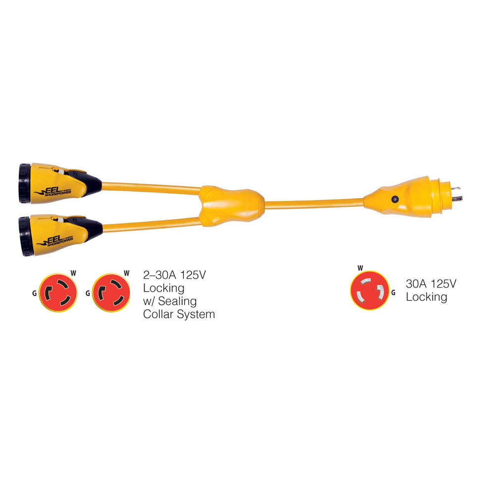 Marinco Y30-2-30 EEL (2)30A-125V Female to (1)30A-125V Male "Y" Adapter - Yellow - Boat Gear USA