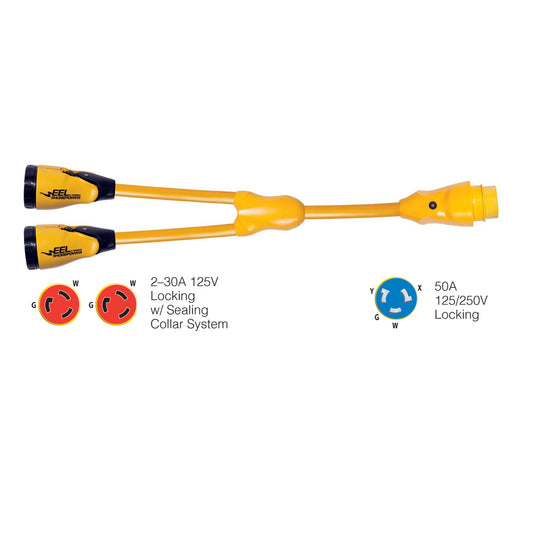 Marinco Y504-2-30 EEL (2)-30A-125V Female to (1)50A-125/250V Male "Y" Adapter - Yellow - Boat Gear USA