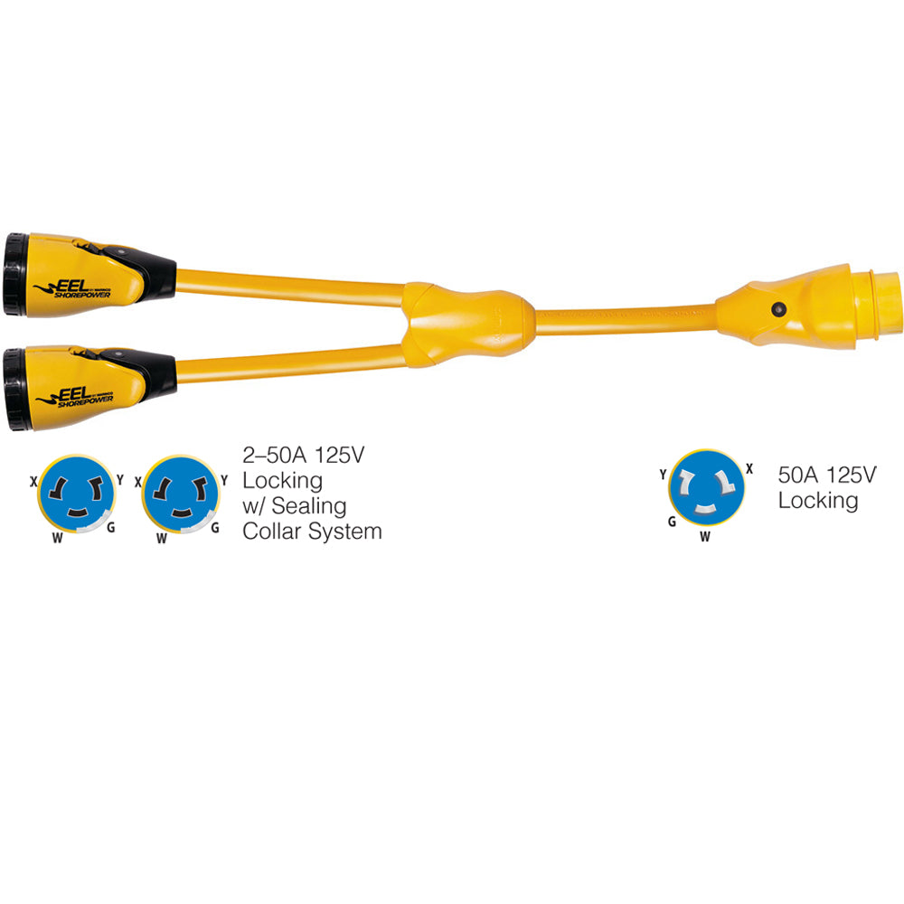 Marinco Y504-2-504 EEL (2)50A-125/250V Female to (1)50A-125/250V Male "Y" Adapter - Yellow - Boat Gear USA