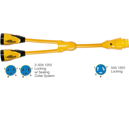 Marinco Y504-2-504 EEL (2)50A-125/250V Female to (1)50A-125/250V Male "Y" Adapter - Yellow - Boat Gear USA