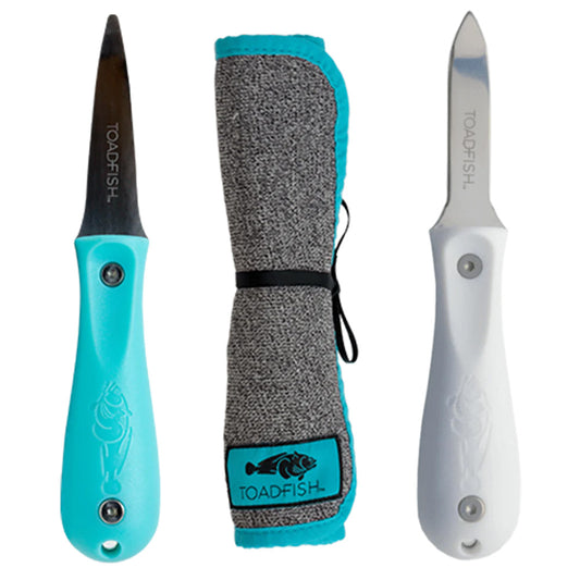 Toadfish Shucker's Bundle - Put 'Em Back Oyster Knife, Professional Oyster Knife & Cut-Proof Shucking Cloth - Boat Gear USA