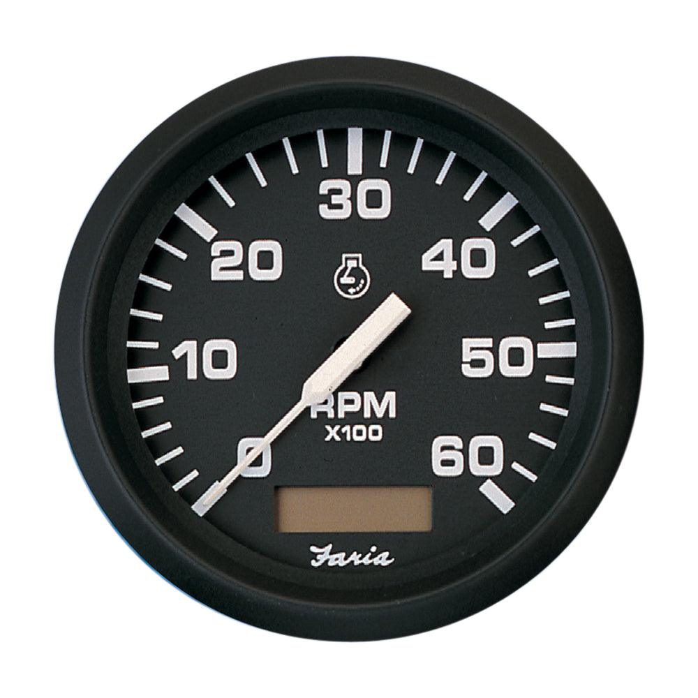 Faria Euro Black 4" Tachometer w/Hourmeter - 6,000 RPM (Gas - Inboard) - Boat Gear USA