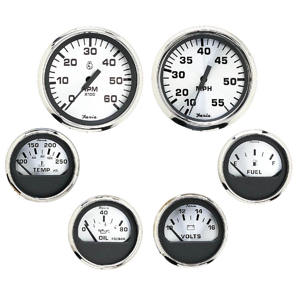 Faria Spun Silver Box Set of 6 Gauges f/ Inboard Engines - Speed, Tach, Voltmeter, Fuel Level, Water Temperature & Oil - Boat Gear USA