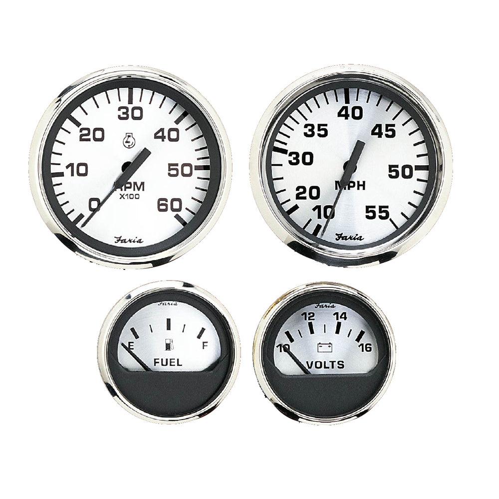 Faria Spun Silver Box Set of 4 Gauges f/Outboard Engines - Speedometer, Tach, Voltmeter & Fuel Level - Boat Gear USA