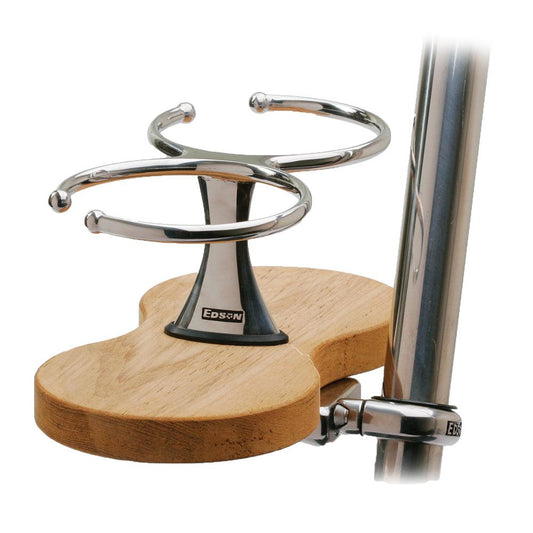 Edson Clamp-On Drink Holder - Double - Teak - Boat Gear USA