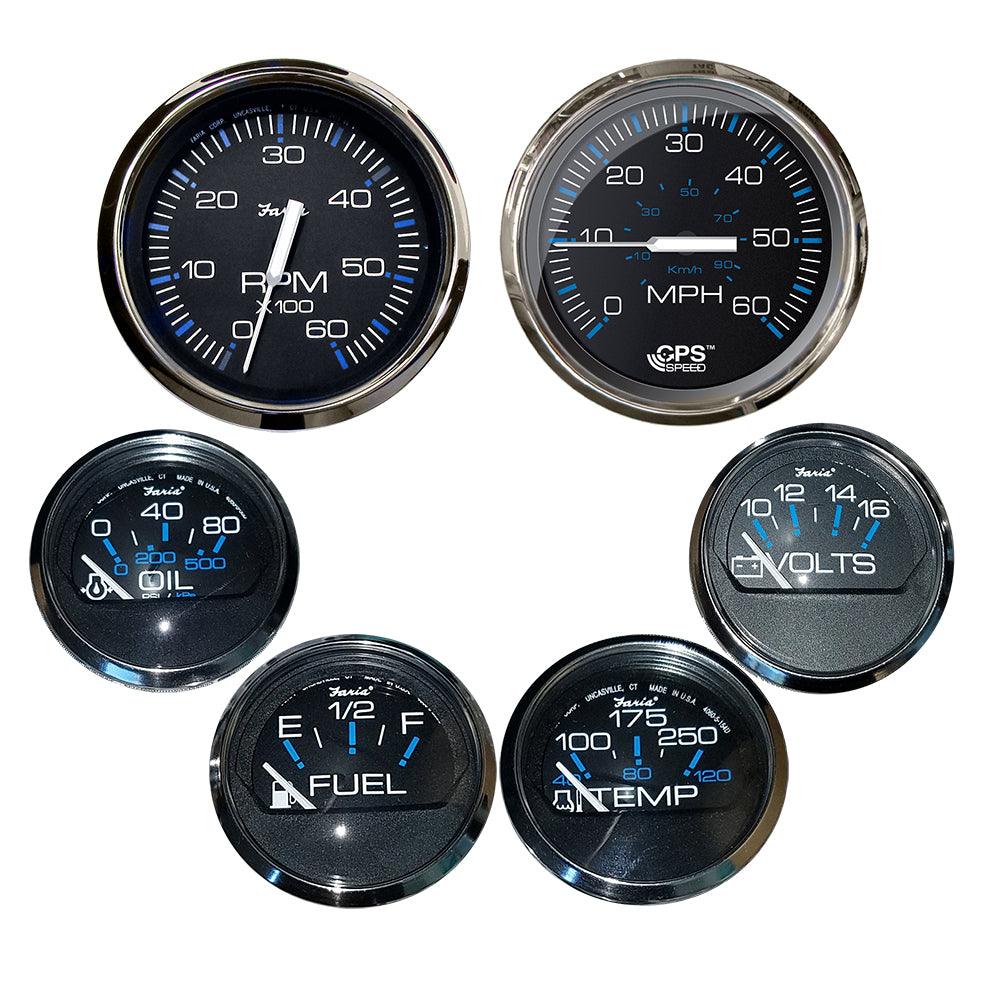 Faria Chesapeake Black w/Stainless Steel Bezel Boxed Set of 6 - Speed, Tach, Fuel Level, Voltmeter, Water Temperature & Oil PSI - Inboard Motors - Boat Gear USA