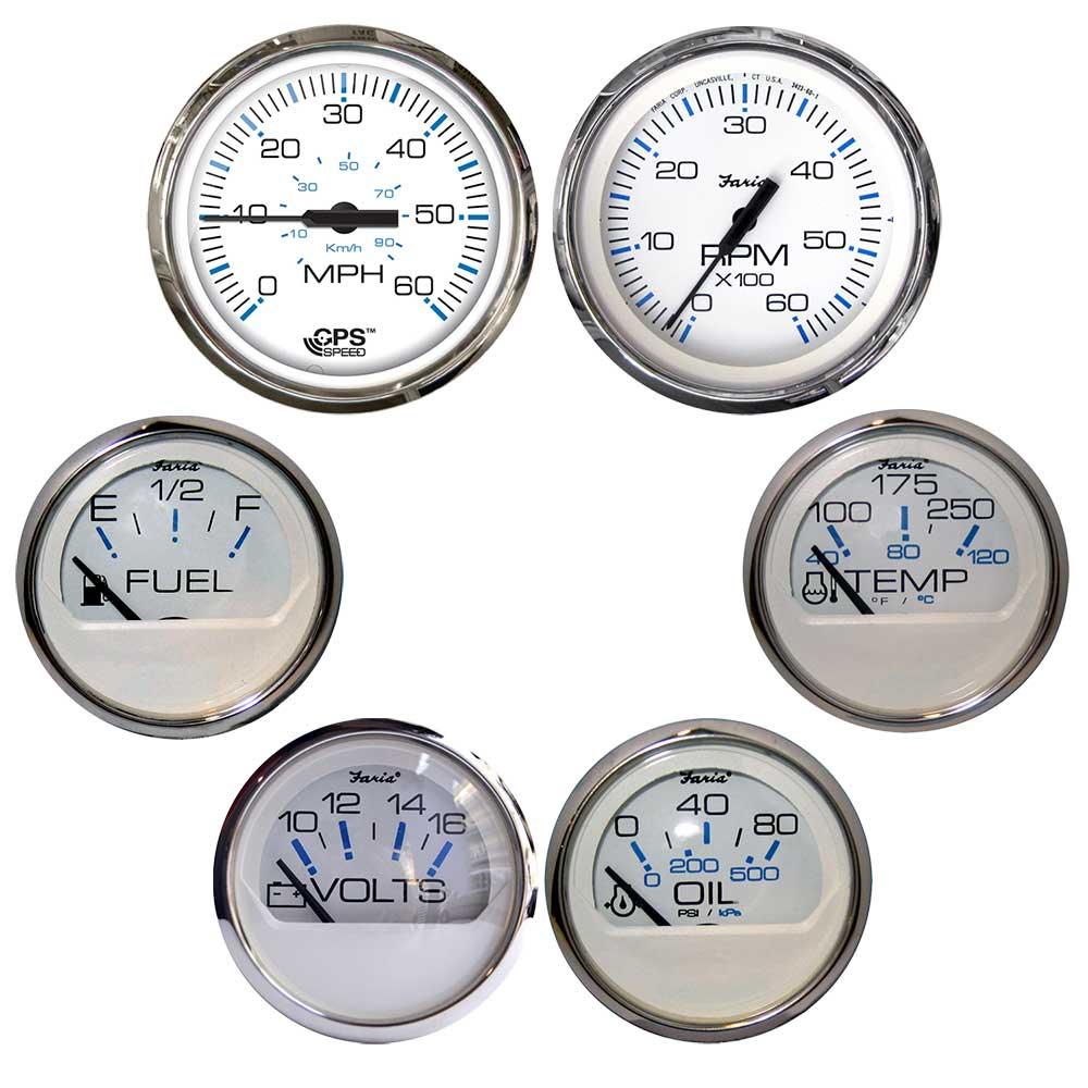 Faria Chesapeake White w/Stainless Steel Bezel Boxed Set of 6 - Speed, Tach, Fuel Level, Voltmeter, Water Temperature & Oil PSI - Inboard Motors - Boat Gear USA