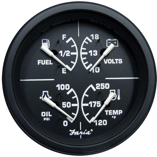 Faria Heavy-Duty 4" Multifunction [Fuel Level | Oil PSI (100 PSI) | Water Temp (120°-250° F) | Voltmeter (10-16 VDC)] - Black - Boat Gear USA
