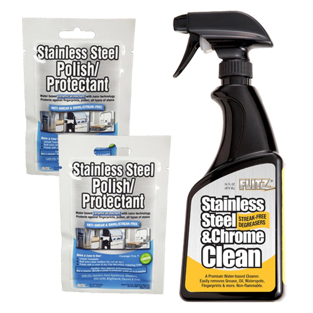 Flitz Stainless Steel & Chrome Cleaner w/Degreaser 16oz Spray Bottle w/2 Stainless Steel Polish/Protectant Towelette Packets - Boat Gear USA