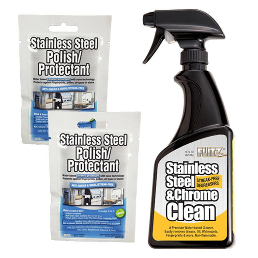 Flitz Stainless Steel & Chrome Cleaner w/Degreaser 16oz Spray Bottle w/2 Stainless Steel Polish/Protectant Towelette Packets - Boat Gear USA