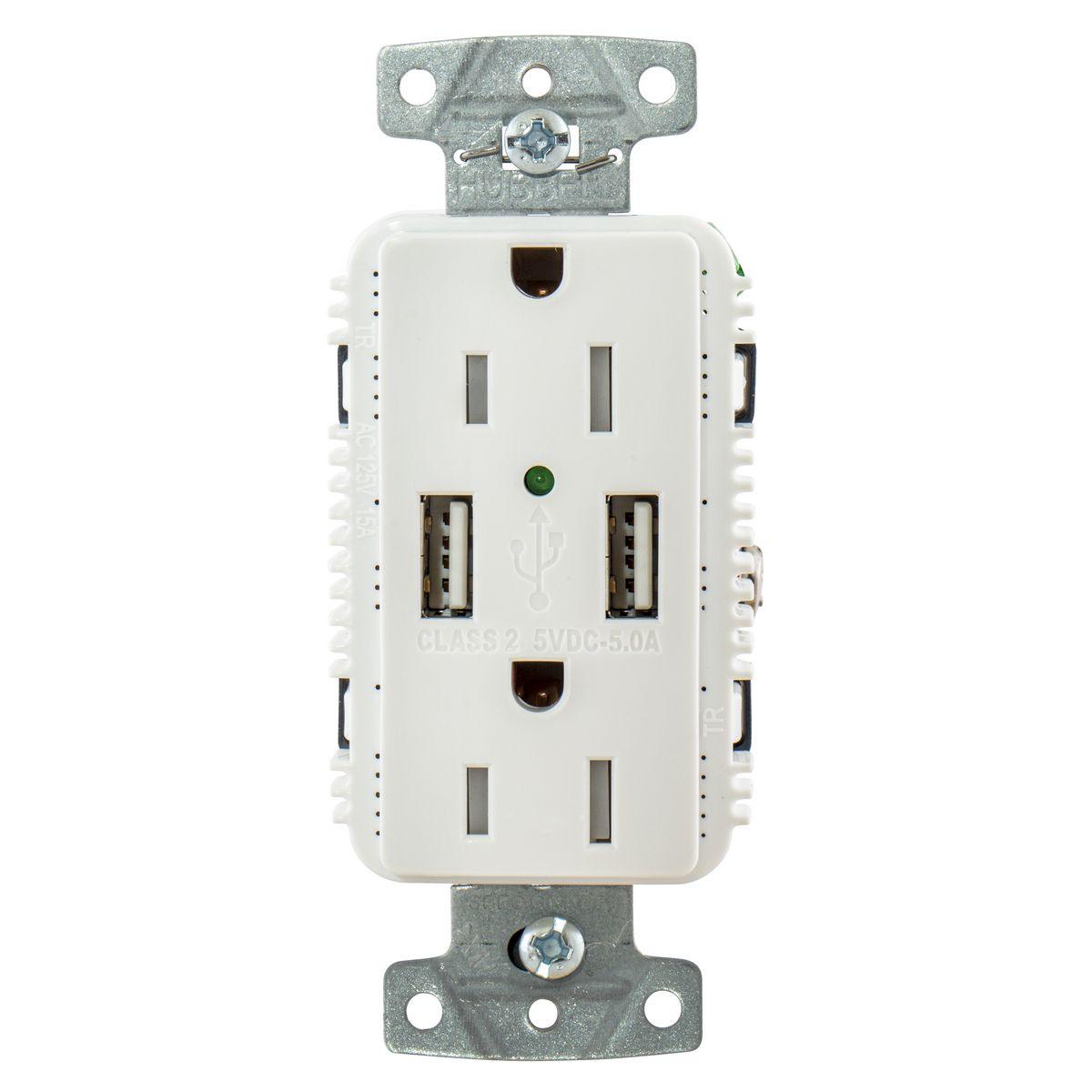 Hubbell Usb15a5w White Outlet Dual 15 Amp 125v 2-pole And Dual 5 Amp 5v Usb Ports - Boat Gear USA