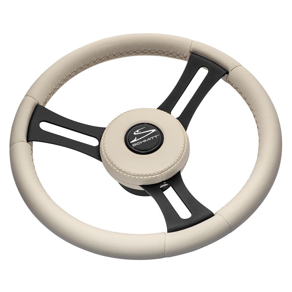 Schmitt & Ongaro Torcello Elite 14" Wheel - Beige Leather & Cap - White Stitching - Black SS Spokes - 3/4" Tapered Shaft - Boat Gear USA