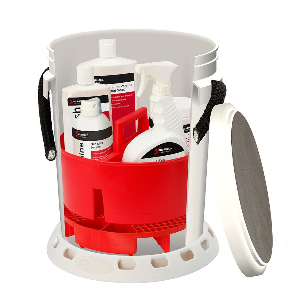 Shurhold 5 Gallon White Bucket Kit - Includes Bucket, Caddy, Grate Seat, Buff Magic, Pro Polish Brite Wash, SMC & Serious Shine - Boat Gear USA