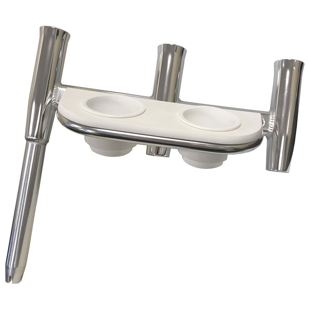 Tigress Offset Triple Rod Holder w/Cup Holders - Starboard Side - Polished Aluminum - Boat Gear USA
